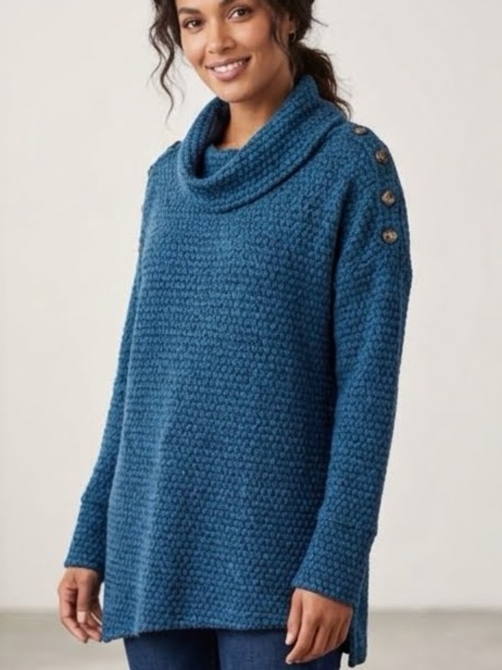 New York Laundry Honeycomb Cowl Neck Sweater Long Tunic Blue Size Large